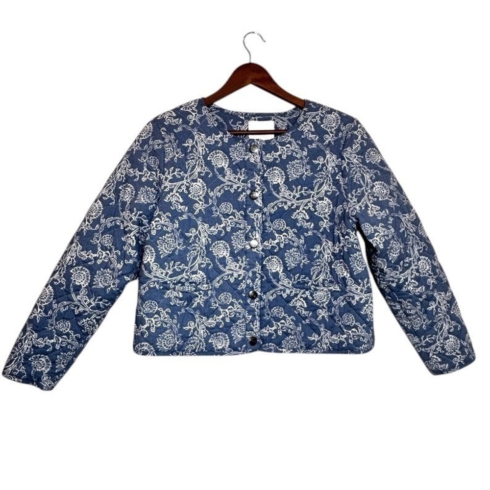 Lucky Brand Blue Floral Cotton Quilted Crop Jacket XL Boho Chic Coastal Cottage